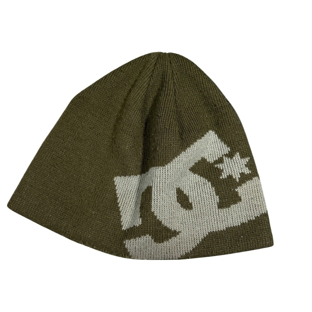 Rare Y2K DC Shoes Beanie Olive Green Grey Large Logo Knit Skate Streetwear Hat